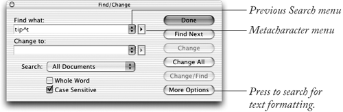 The Find/Change dialog box in its minimized configuration, used for character searches