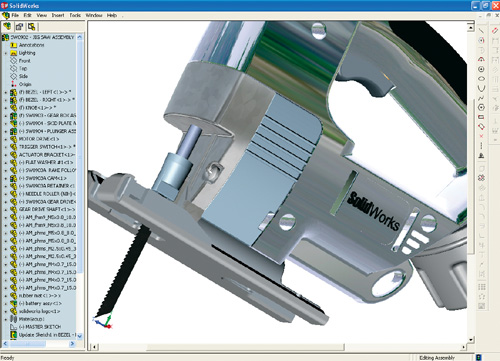 Screen shot of the SolidWorks application, showing a jigsaw rendered with OpenGL shaders to simulate a chrome body, galvanized steel housing, and cast iron blade. (Courtesy of SolidWorks Corporation)