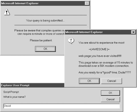 alert( ), confirm( ), and prompt( ) dialog boxes