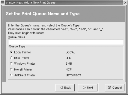 The Set the Print Queue Name and Type dialog box