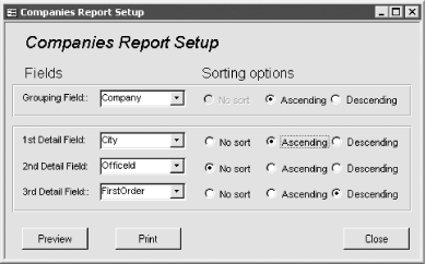 The frm_rptCompaniesSetup form is used to set up the rptCompanies report