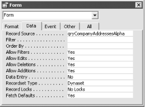 A form’s properties sheet, with a query as its RecordSource property