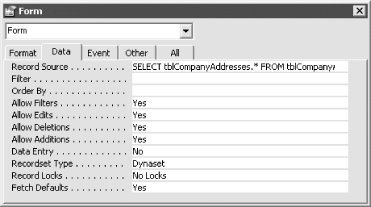 A form’s properties sheet with a SQL statement as its RecordSource property