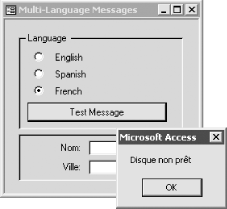 The sample form, frmTestMessage, showing the French test error message