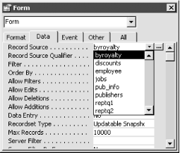 Set the form’s RecordSource property to the byroyalty stored procedure