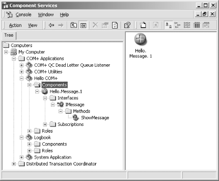 The Hello COM+ application and its contained component