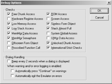 Emulator Debug Options screen