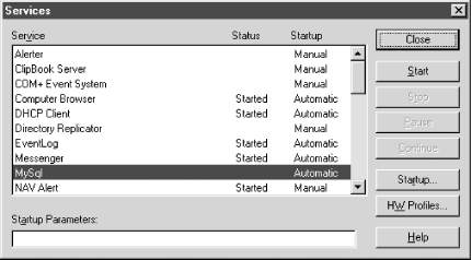 A Windows NT Services control panel with MySQL installed