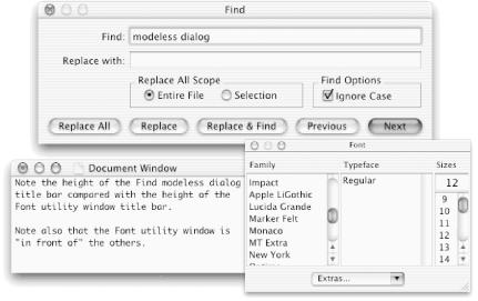 The Find modeless dialog in TextEdit; compare with document and utility windows