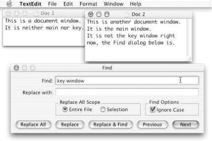 Main window (Doc 2) and key window (Find dialog) in TextEdit