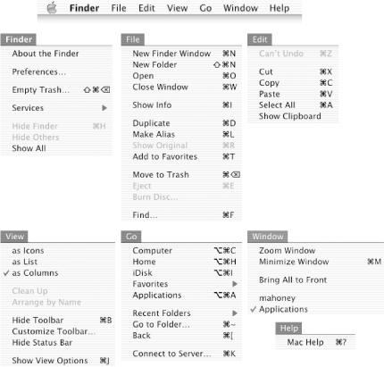 The menu bar (top) and the seven Finder menus