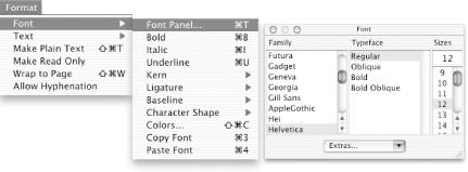 The Font submenu and Font utility window in TextEdit