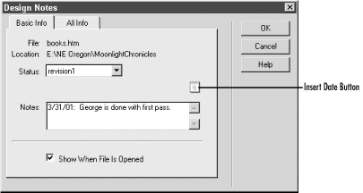 The Basic Info tab in the Design Notes dialog box