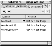 Three actions implementing the Set Nav Bar Image behavior in the Behaviors panel