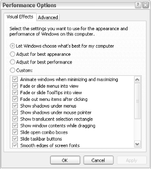 Some of the animation in Windows can be disabled to improve performance using the Performance Options dialog