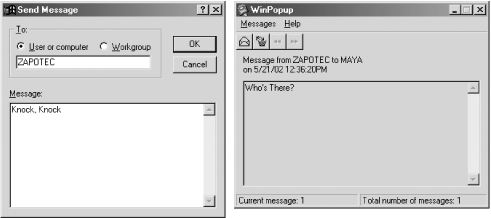 Sending a message from a Windows 95/98/Me system (left); receiving a message (right)