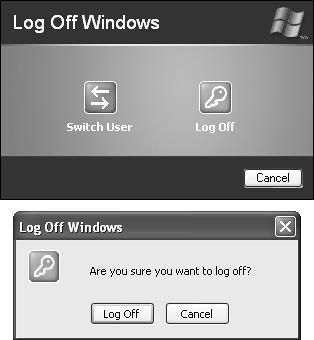 Top: If Fast User Switching is turned on, this is what you see when you choose Start→Log Off. No matter which button you click, you return to the Welcome screen. The only difference is that clicking Switch User leaves all of your programs open and in memory, and Log Off takes a few moments to close them. Bottom: If Fast User Switching isn’t turned on, the traditional Log Off dialog box appears when you choose Start→Log Off. If you click Log Off again, Windows quits your programs and then takes you to the Welcome screen once again.
