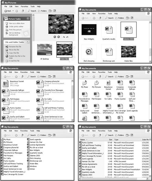 The new Filmstrip view (top left) creates a slide show right in the folder window. Thumbnails view (top right) is also good for photos—or anyone who would like a larger target for clicking each icon. (Tip: If you press Shift as you switch to Thumbnails view, you hide the file names. Do it again to bring the names back.) In the new Tiles view (middle left), your icons appear at standard size, sorted alphabetically into vertical columns—with name and file details just to the right. Icons view sorts the icons horizontally in rows, displaying only their names. The List view (lower left) packs, by far, the most files into the space of a window. Details view (lower right) is the same as List view, except for the additional columns of information that reveal the size, icon type, and the date and time the object was last modified. (This view, a familiar one to Mac fans, is growing in popularity.)