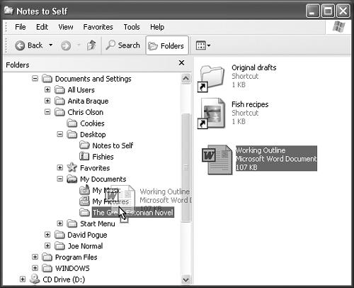 The file Working Outline, located in the Notes to Self folder on the desktop, is being dragged to the folder named The Great Estonian Novel (in the My Documents folder). As the cursor passes each folder in the left pane, the folder’s name darkens to show that it’s ready to receive the drag-and-dropped goodies. Let go of the mouse button when it’s pointing to the correct folder or disk.