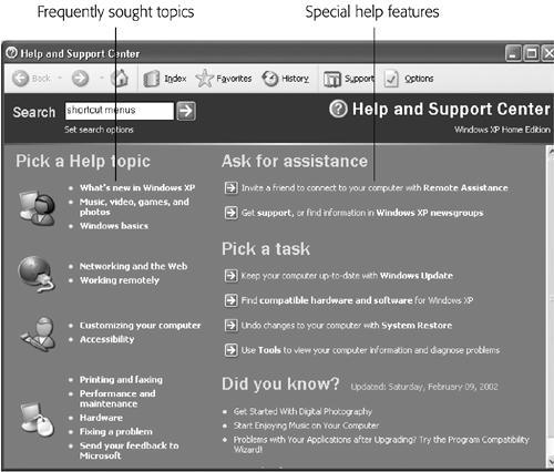 When working in the Help and Support Center window, you can use the Back, Forward, Home, Favorites, and History buttons on the toolbar. They may look like the corresponding buttons in a Web browser, but these buttons refer only to your travels within the help system. The Favorites button here represents your favorite help pages—they’re not the same favorites you see in Internet Explorer.