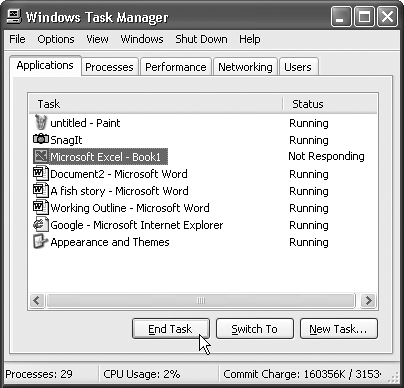 As if you didn’t know, one of these programs is “not responding.” Highlight its name and then click End Task to put it out of its misery. Once the program disappears from the list, close the Task Manager and get on with your life. You can even restart the same program right away—no harm done.