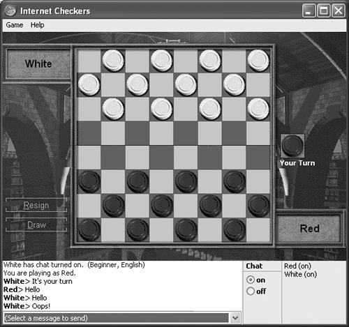 It may look like a simple game of checkers, but you’re actually witnessing a spectacular feature of Windows XP: instantaneous anonymous Internet gaming. Two Internet visitors in search of recreation have made contact, a game board has appeared, and the game is under way. The Chat window sits below the game board. You can even turn Chat off if you’re planning to play a cutthroat game and don’t want to fake having friendly feelings toward your opponent.