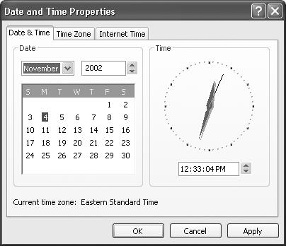 To specify the current time, don’t bother dragging the hands of the clock—they’re just for decoration. Instead, click numbers in the time box, and then change then by typing numbers, pressing the up or down arrow keys on your keyboard, or clicking the tiny up or down arrow buttons. To jump to the next number for setting, press the Tab key.