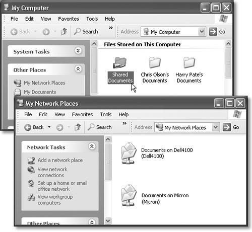 Top: Your own Shared Documents folder resides in the My Computer window. To “publish” a document so that everybody else on the network can work with it, just drag its icon into this folder. Bottom: Here’s how you access the Shared Documents folders on other computers on your network. (They show up named Documents when viewed across the network, even though they’re called Shared Documents when you view them “in person.”)
