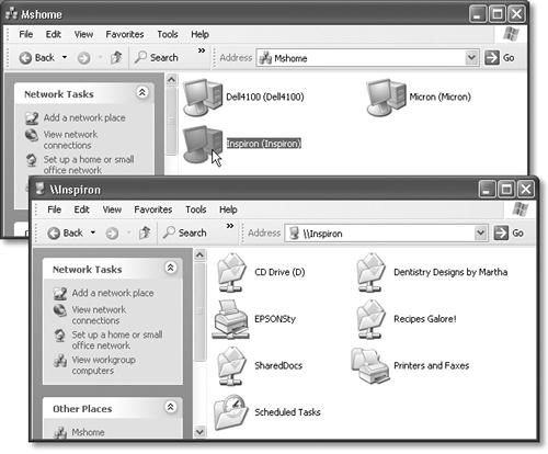 Top: If you know that the folder or file you’re looking for resides on a particular PC, it’s often more convenient to start your quest at this window. Double-click one of these computers to see a list of its shared resources (folders, disks, and printers), as shown here at bottom.