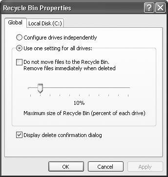 Use the Recycle Bin Properties dialog box to govern the way the Recycle Bin works, or even if it works at all. If you have multiple hard drives, the dialog box offers a tab for each of them so you can configure a separate and independent Recycle Bin on each drive. To configure the Recycle Bin separately for each drive, select the “Configure drives independently” option.