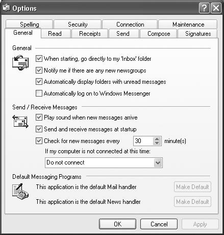 The Options dialog box has ten tabs, each loaded with options. Most tabs have buttons that open additional dialog boxes. Coming in 2006: Outlook Express Options: The Missing Manual.