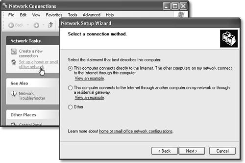 Left: Start the Network Setup Wizard by clicking this link. Right: Select the option that best describes this computer’s relationship to the Internet. If the PC will be the gateway to the Internet for other PCs on the network, choose the first option. Otherwise, just choose Other to tell the wizard as much.
