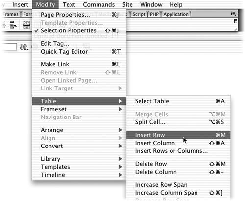 When you read in a Missing Manual, “Choose Modify→Table→Insert Row,” that means: “Click the Modify menu to open it. Then click Table in that menu; choose Insert Row in the resulting submenu.”