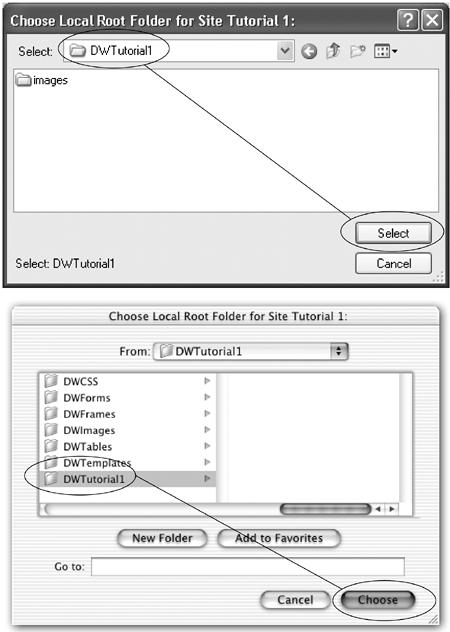 When it comes to selecting a local root folder, the Mac and Windows versions of Dreamweaver differ slightly. Top: In Windows, the folder name appears in the Select field at the top of the Choose Local Folder window. You click Select to define that folder as the local root. Bottom: On the Mac, you highlight the folder in the list in the middle of the window, and then click Choose to set that folder as the local root.