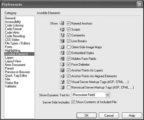 Dreamweaver’s Preferences dialog box is a smorgasbord of choices that let you customize the program to work and look they way you want. In this step, you’re making the normally invisible Line Break tags visible. As you’ll see, this makes importing and formatting paragraphs of text a much simpler process.