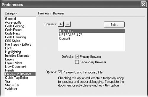 In the Preferences window, you can tell Dreamweaver which browsers you wish to use for previewing your Web pages. You can set the browser to be your primary browser, accessible by the F12 key, or your secondary browser, accessible by Ctrl+F12 (-F12). To preview a page with a browser other than the primary or secondary, choose FilePreview in Browser and select the appropriate browser from the submenu.