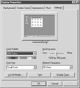 Use the Display Properties Settings page in Windows NT 4 to configure all video settings