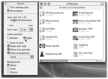 Thanks to the beefed-up View Options palette (left), Mac OS X can now display icon names on the right, and even show a second line of file info, in any icon view. You now have all the handy, freely draggable convenience of an icon view, along with the compact spacing of a list view. This is nothing new to people who are used to Windows XP, where this attractive arrangement debuted, but it’s a welcome addition to the Mac.