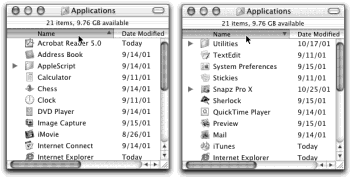 You control the sorting order of a list view by clicking the column headings (left). Click a second time to reverse the sorting order (right). You’ll find the identical triangle, indicating the identical information, in email programs, in Sherlock (Chapter 20), and anywhere else where reversing the sorting order of the list can be useful.