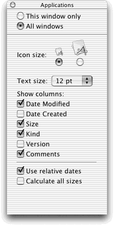 The checkboxes you turn on in the View Options dialog box determine which columns of information appear in a list view window. Most people live full and satisfying lives with only the three default columns—Date Modified, Kind, and Size—turned on. But the other columns can be helpful in special circumstances; the trick is knowing what information appears there.