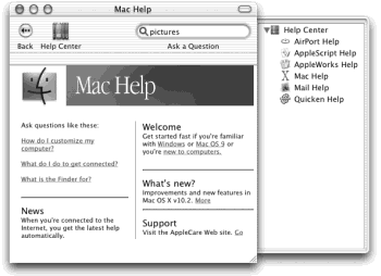 The “drawer” at the right side shows the master list of help topics—AirPort Help, AppleScript Help, and so on—of which Mac Help is only one category. In other words, you can actually read the help screens for a program that you haven’t yet launched. (Click the Help Center icon to hide or show the “drawer.”)