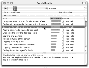 The bars indicate the Mac’s “relevance” rating—how well it thinks each help page matches your search. Click one to read a short description of the topic at the bottom of the window, or double-click to open the help page. If it isn’t as helpful as you hoped, click the Back button (the left-pointing arrow) at the bottom of the window to return to the list of relevant topics. Click the little question-mark button to return to the master Help Center.
