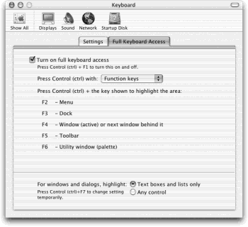 The Full Keyboard Access panel of the Keyboard control panel lets you specify how you’d like to control your menus and other Mac OS X interface elements without using the mouse.