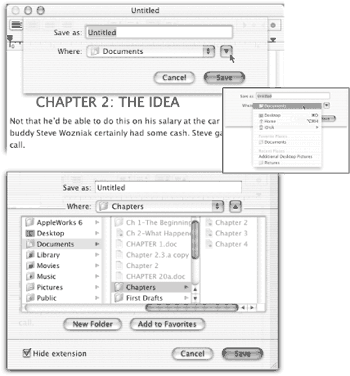 Top: The new Save dialog box, or sheet, initially appears in a compact view. Inset: To spare you from navigating your hard drive every time you save a file, your most recently accessed folders are listed in the Where pop-up menu. Bottom: If you want to choose a different folder, create a new folder, or designate a Favorite folder, click the Column-view triangle to open this Finder-like navigation view.
