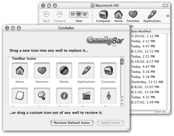 To use CandyBar, just drag your new icons onto the appropriate slots (lower left). When you restart the Mac, you’ll find your new icons in place, as shown here on the toolbar (upper right). Restoring the original icons is equally simple. (Note that replacing the Home icon changes only the toolbar icon for Home—not the Dock icon, which requires the Iconographer technique described above.)