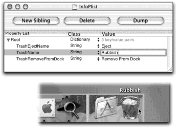 Top: This simple file contains the name of the Trash icon on the Dock—and the name of the Eject icon that replaces it when you’re dragging a disk. By double-clicking the text in the Value column, you can edit these descriptions to change the corresponding names. Bottom: The resulting Trash has a very different name.
