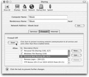 For the first time, Mac OS X comes with a built-in firewall, sparing you the trouble of installing a shareware one like Firewalk or BrickHouse. Click Start to turn it on. Older versions of Mac OS X came with a firewall, too, but they lacked a graphic front end that non-programmers could use to turn it on.
