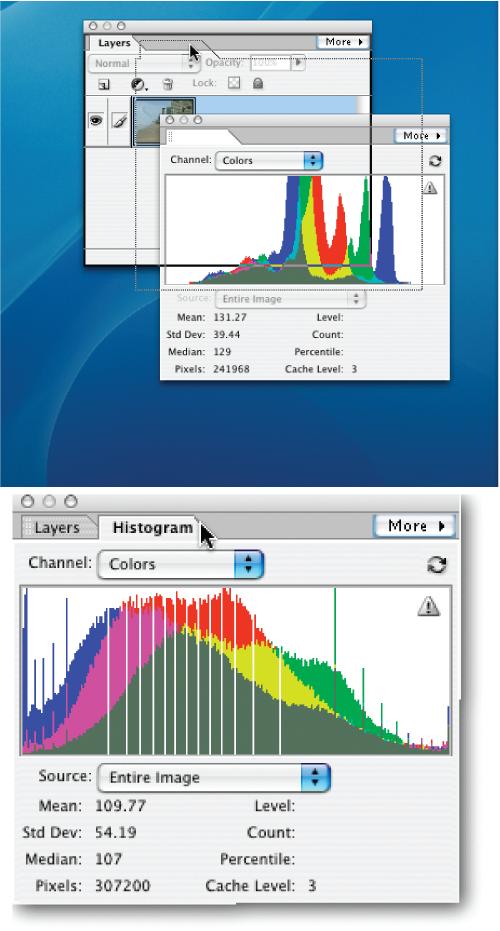 You can combine two or more palettes together once you've dragged them out of the bin.Top: The Histogram palette is being pulled into, and combined with, the Layers palette. (Note that as you drag a palette, its name temporarily disappears.) To combine palettes, drag one of them (by clicking on the palette's name tab) and drop it onto the other palette (notice the dark black border that appears on the Layers palette, signaling it's "ready" to accept the Histogram palette).Bottom: To switch from one palette to another after they're grouped, just click the tab of the one you want to use. To remove a palette from a group, just drag it off the palette window. If you want to return everything to how it looked when you first launched Elements, go to Window â Reset Palette Locations.