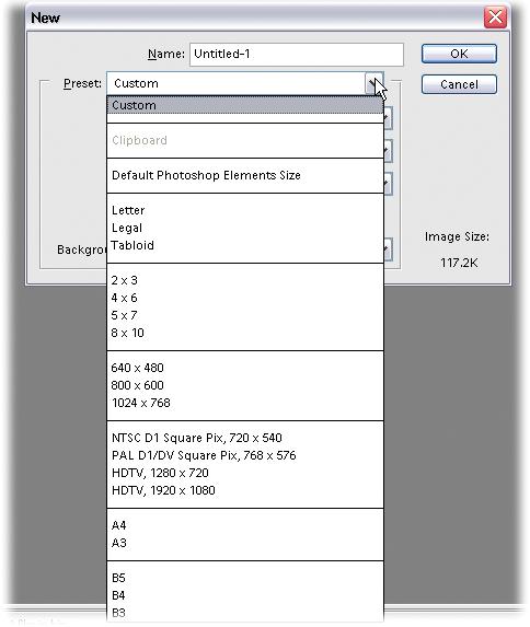 The list of preset document sizes is divided into groups, each of which features popular file sizes and resolution settings for a variety of common uses. For example, the fourth group from the top includes traditional photo print sizes, and the group after that lists widely used choices for onscreen graphics. The default Photoshop Elements size is 5" x 7" at 72 pixels per inch, which works well if you're just playing around and trying things out.