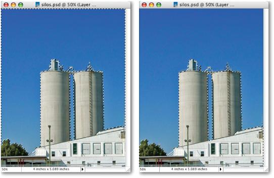 Say you want to put this building on your letterhead. You could spend half an hour meticulously selecting it, or instead just select the sky with a click of the Magic Wand and invert your selection to get the silos.In the left figure, the sky has the marching ants around it to show that it's the active selection-but that's not what you want. Inverting the selection gives you the ants around the buildings without the trouble of tracing out all the ladders and pipes on the silos.